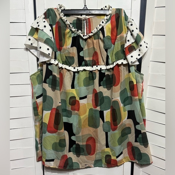 SHEIN Tops - SHEIN Multicolor Abstract Blouse with Polka Dot Accents